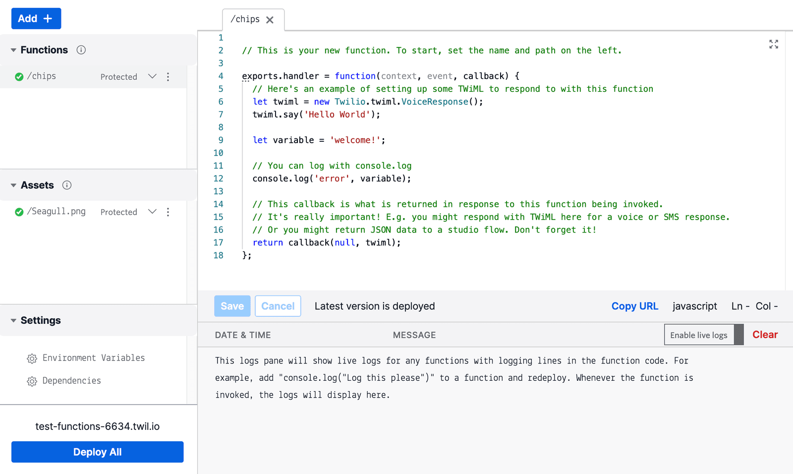 Functions Console UI.