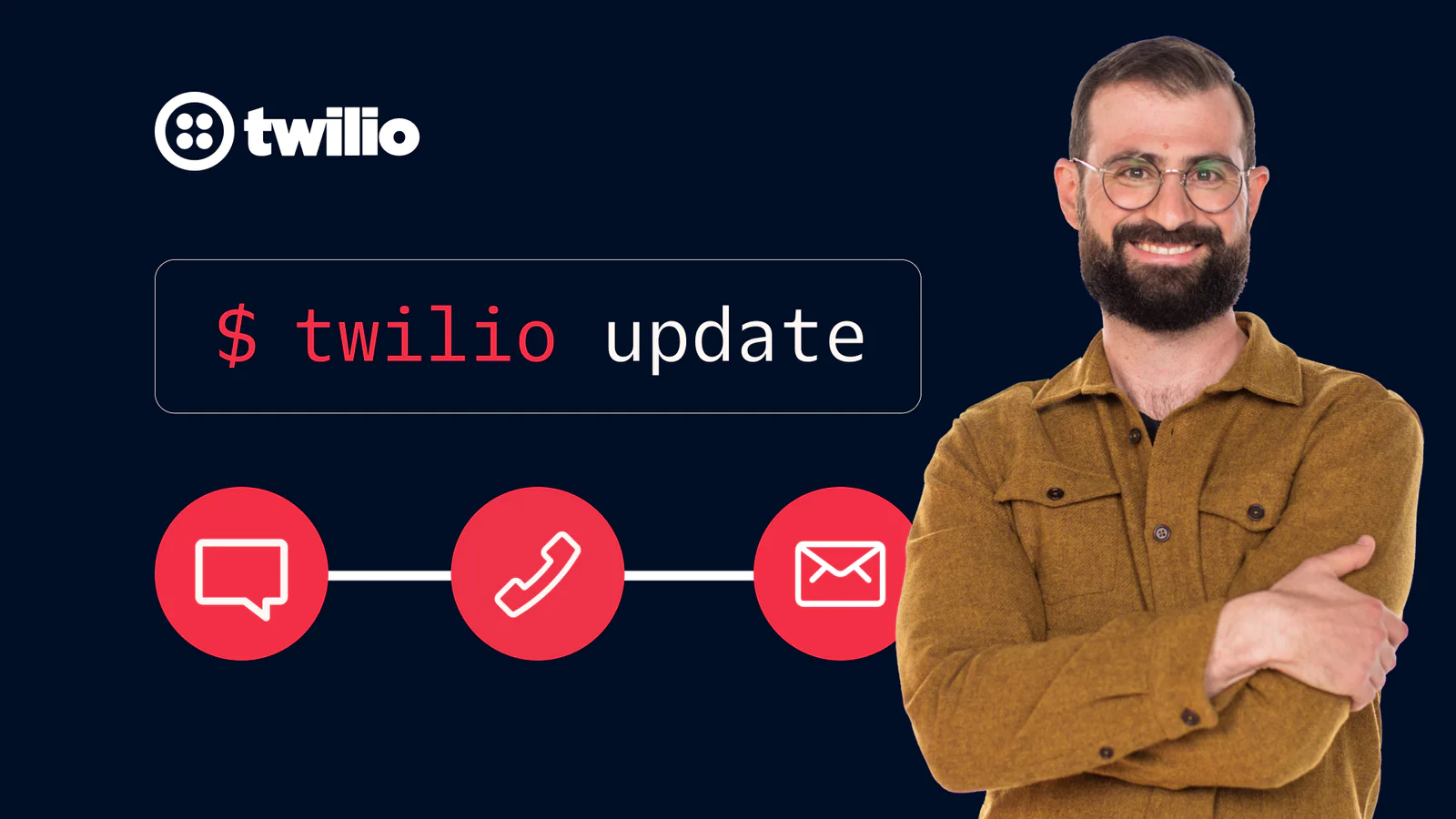 Man in glasses and brown shirt standing next to Twilio update command with icons for chat, call, and email.