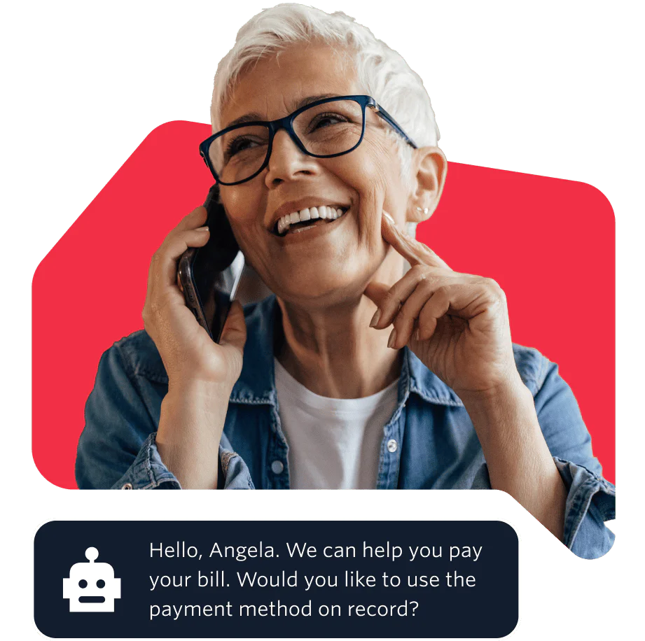 Elderly Woman Discussing Bill Payment on Phone Elderly woman on phone, offered help to pay bill; message shows call from (555) 1449 4444, 'Angela' mentioned.
