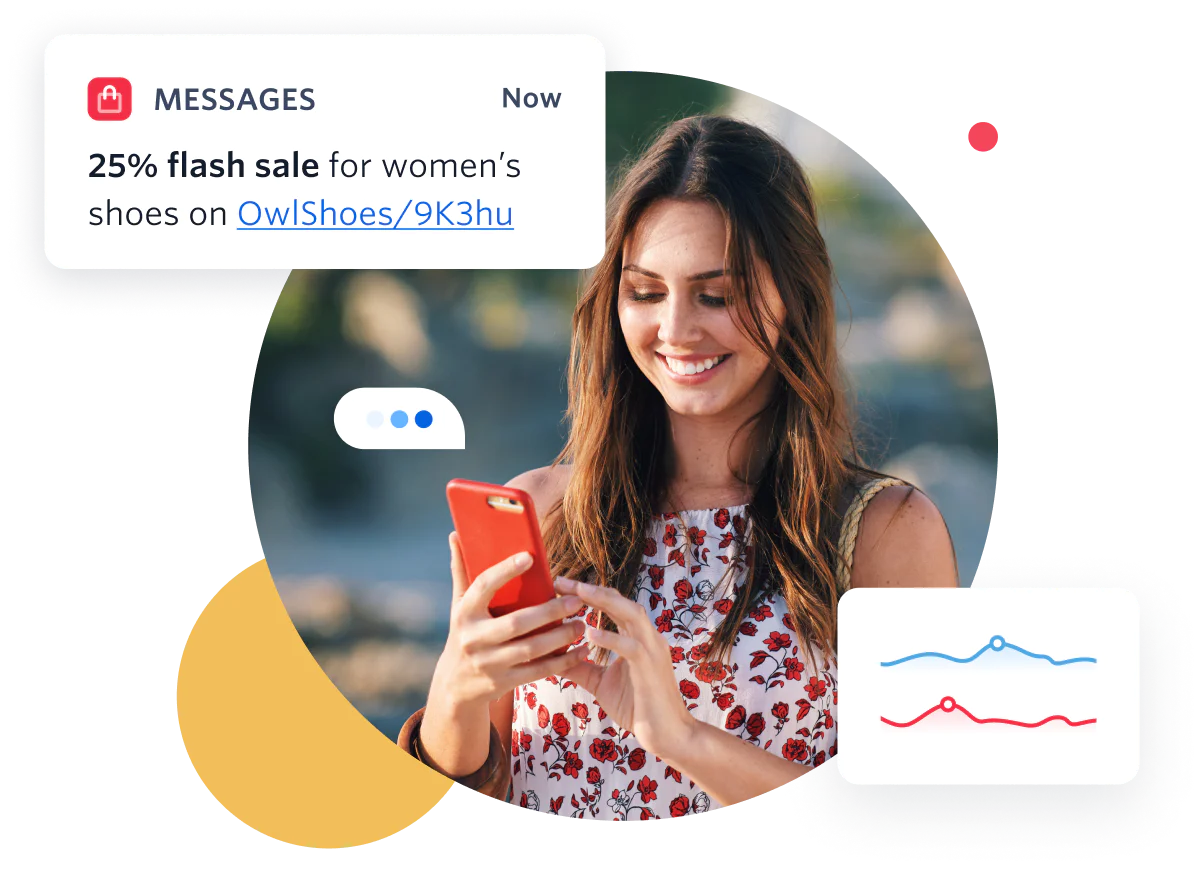 Smiling woman using a smartphone with a flash sale notification for women's shoes on the screen Smiling woman using a smartphone with a flash sale notification for women's shoes on the screen