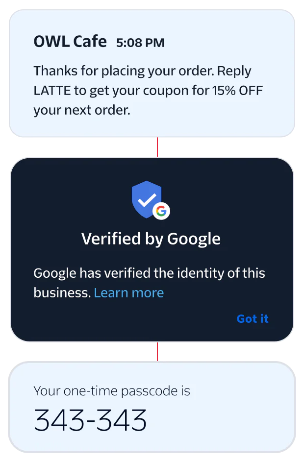 Notifications showing order confirmation from OWL Cafe and Google business verification.
