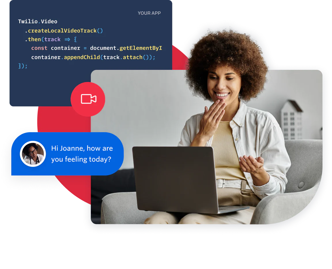 Woman Having a Video Chat with Chat Application User Woman smiling and using a laptop, video chat window, and code snippet displayed.