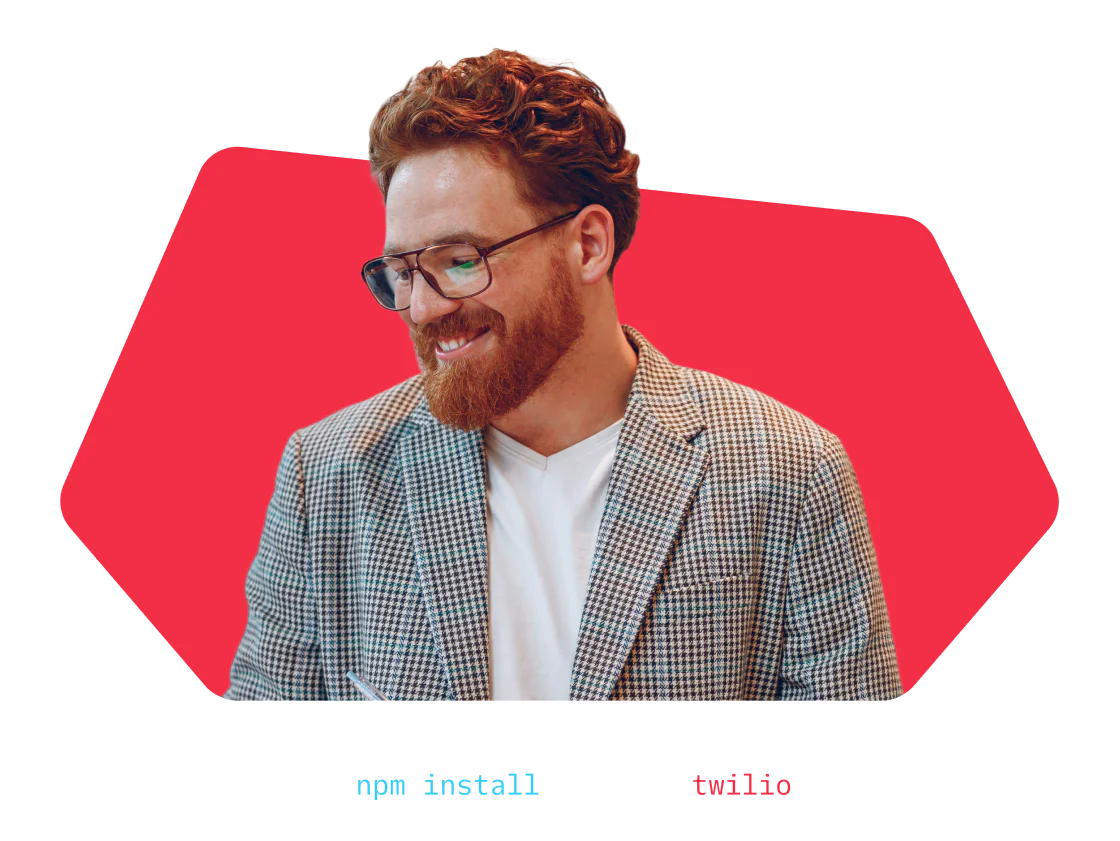 Smiling person in glasses and checkered blazer with npm install command for express and twilio